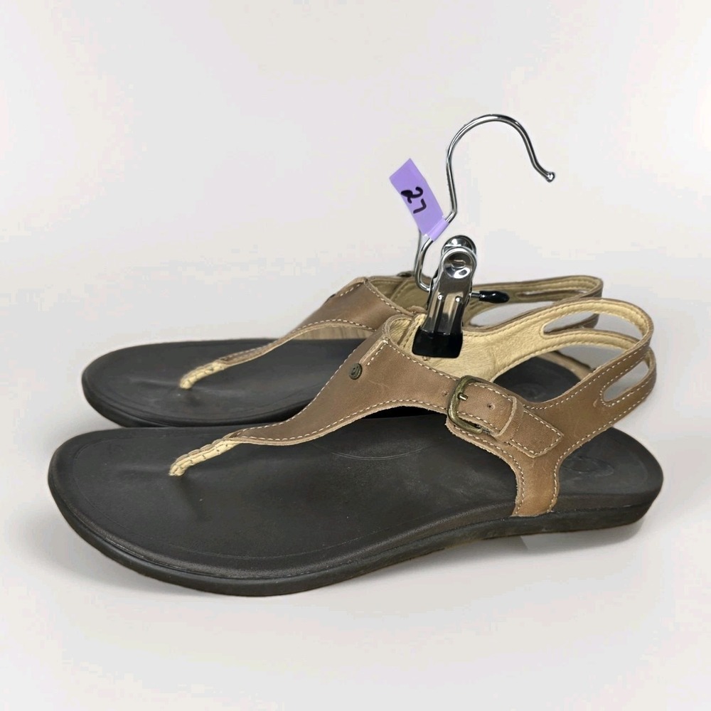 Womens 9 Olukai Eheu Sandal Brown Leather Thong Slingback Buckle Strappy Comfort